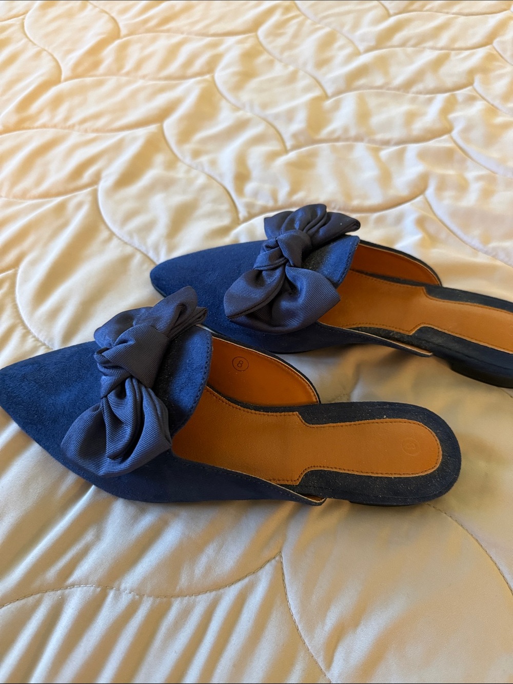 Navy Blue Suede with Grosgrain Ribbon Bow Pointed-Toe Mules